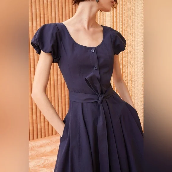 NWT Ulla Johnson Rhea Navy Blue Belted Cotton Midi Dress | size 2 - Picture 2 of 8